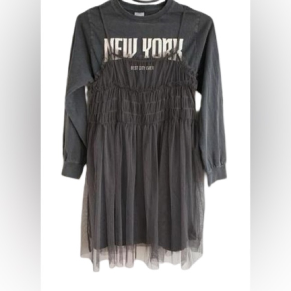 Zara Gray Long Sleeve Top with Sheer Overlay - size 13/14